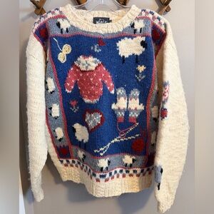 Rare Vintage Woolrich Hand-Knit Sheep & Hearts Wool Sweater - Large